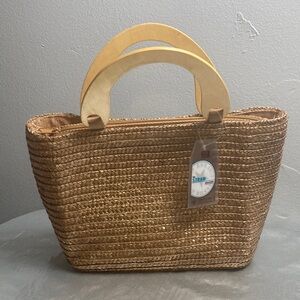 Faded Glory Brown Straw Collection Tote with Wooden Handles (NWT)